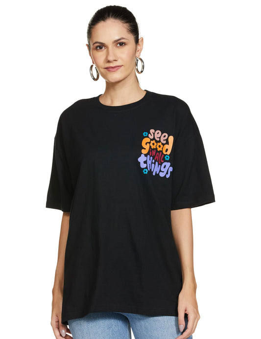 T2F Womens Solid Oversized Fit T-Shirt (WOM-DRP-TSRT-01_Black