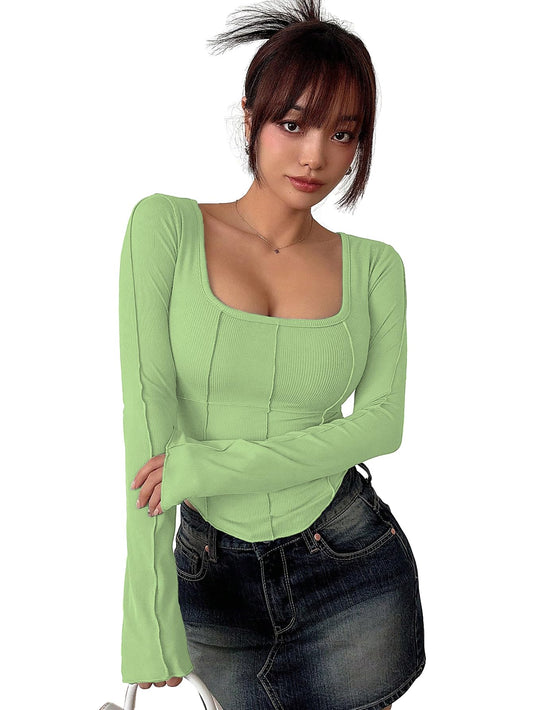 Sugathari Womens Green Solid Long Sleeve Wrap-Style Square Split Crew Neck Bodycon Women T-Shirt Spring and Summer, Minimalist