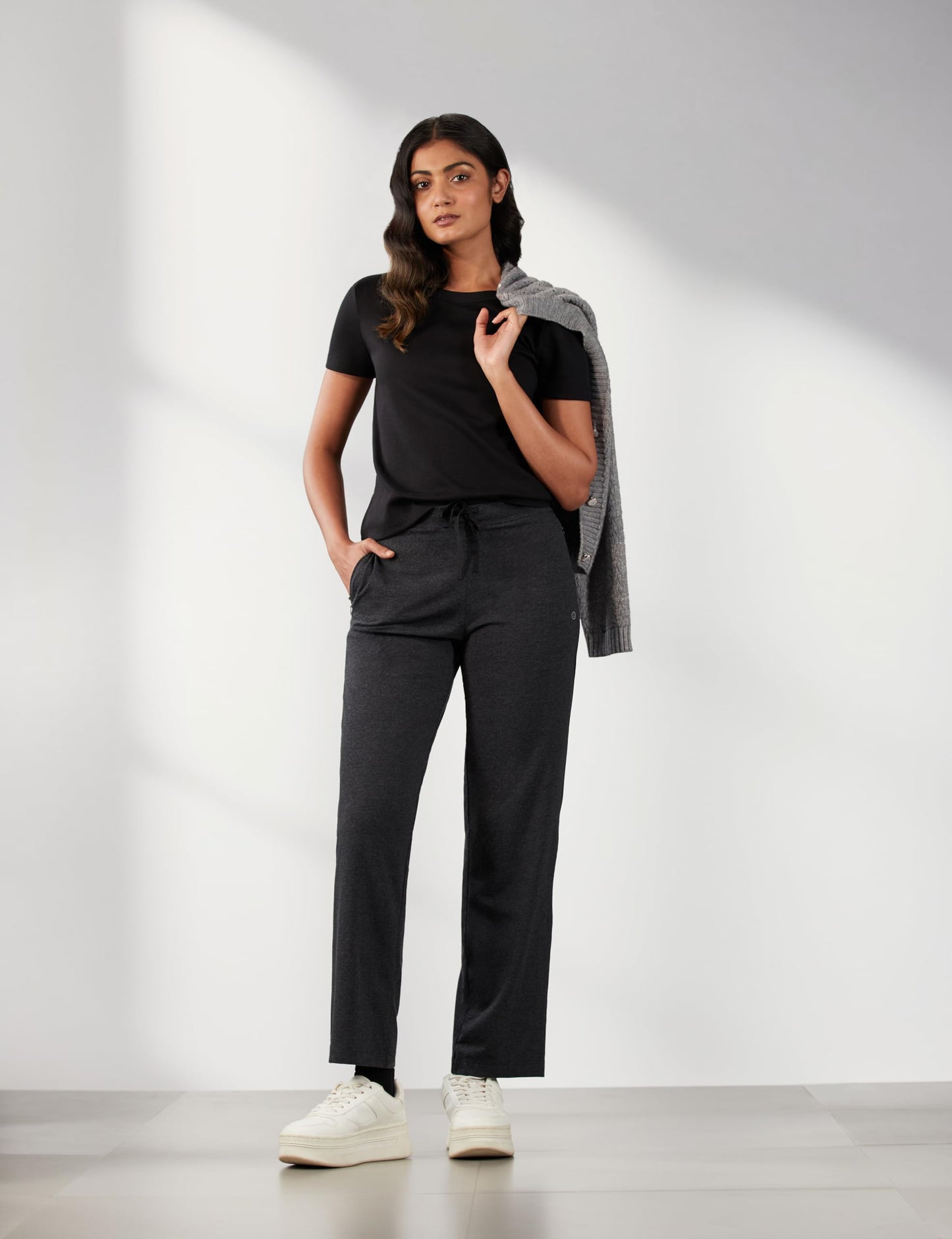 Enamor Essentials Womens Mid Rise Slim Fit Straight Leg Breathable Stretch Cotton Lounge Pants with Drawstring and Invisible Zip