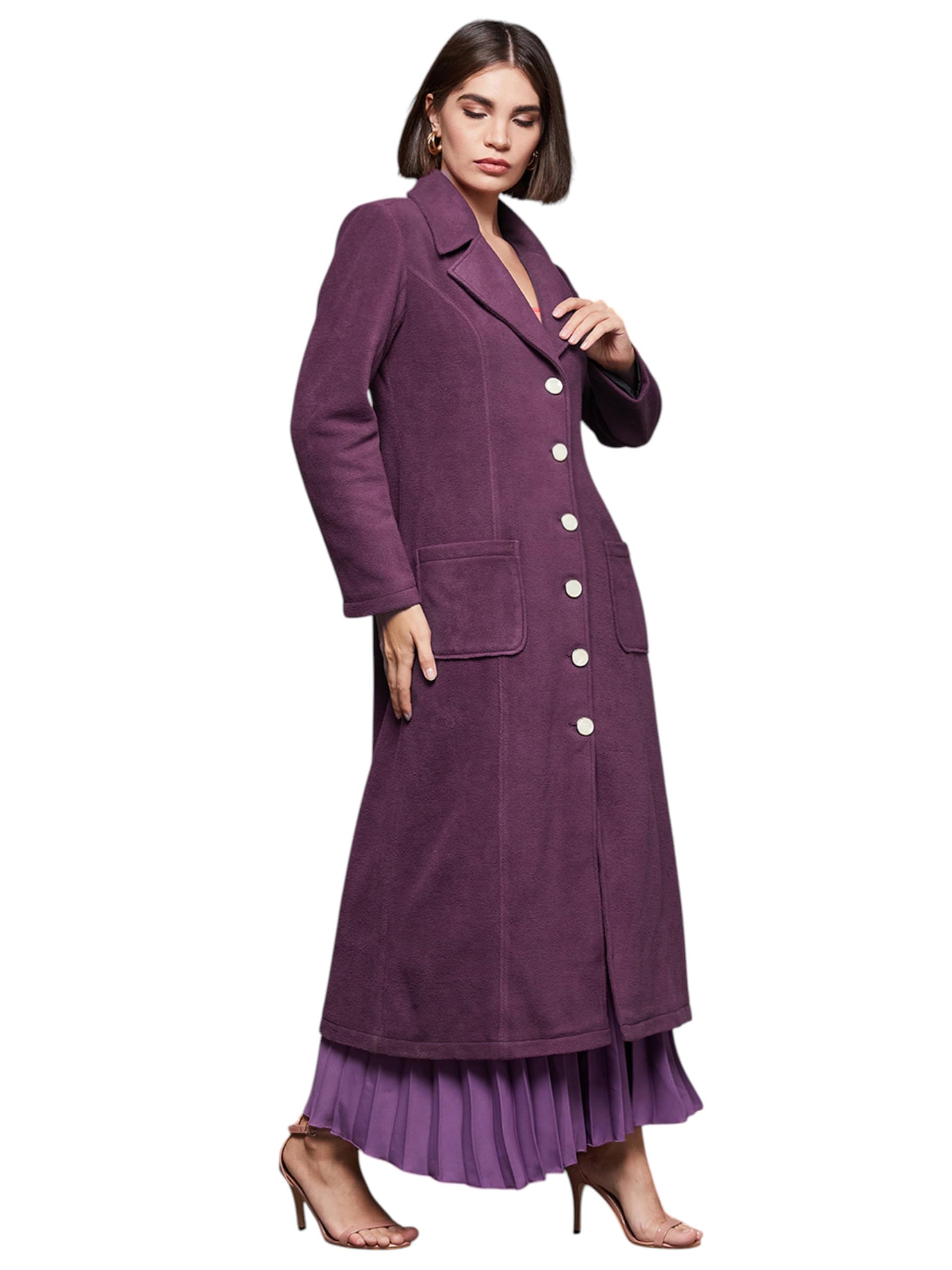 Miss Chase Womens V-Neck Full Sleeves Patched Pocket Button Down Longline Jacket (MCAW24JKT99-52-255-02, Dark Mauve, XS)