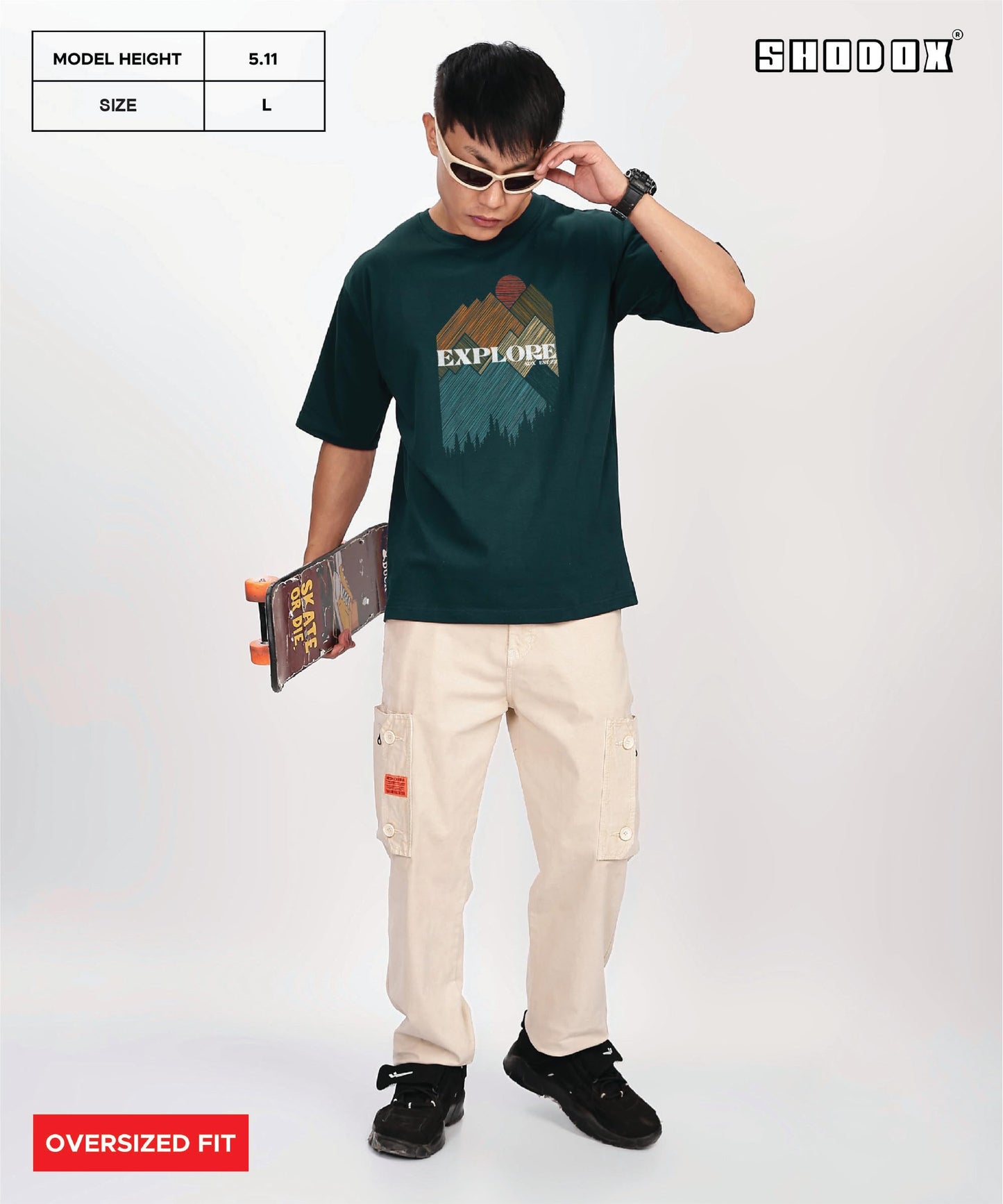 SHODOX Mens 100% Cotton Oversized Half Sleeve Tshirt for Men - Drop Shoulder Front and Back Printed Round Neck Tshirts, Relaxed