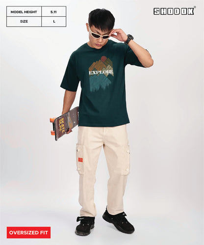 SHODOX Mens 100% Cotton Oversized Half Sleeve Tshirt for Men - Drop Shoulder Front and Back Printed Round Neck Tshirts, Relaxed