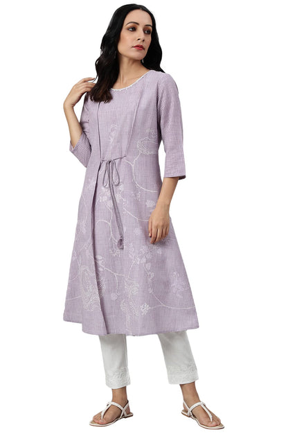 W For Woman Purple Floral Printed Cotton Regular Kurta With Thread Embroidery