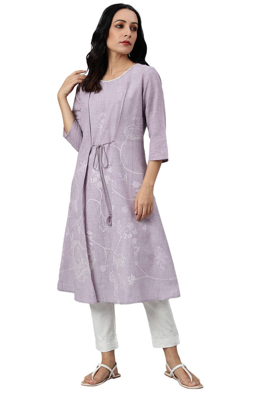 W For Woman Purple Floral Printed Cotton Regular Kurta With Thread Embroidery