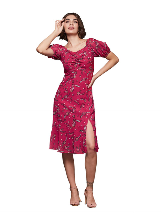 Miss Chase Womens Sweetheart Half Sleeve Floral Fit Flare Midi Dress (MCAW24D94-64-251-06, Multicolored-Base-Dark Pink, XL)
