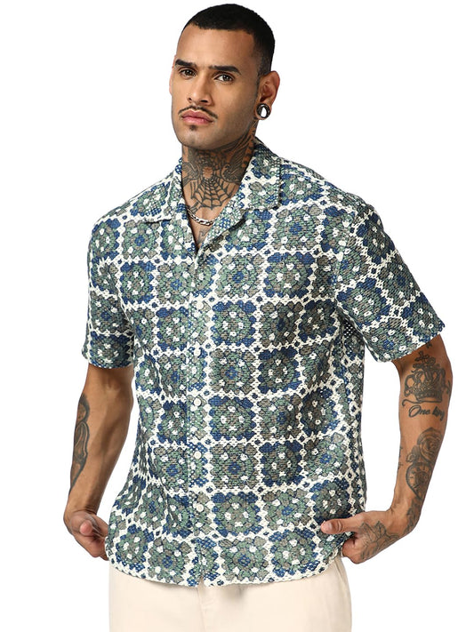 Bewakoof Mens All Over Print Oversized Fit Half Sleeve Resort Collar Lace Shirt_685444_Blue_XL