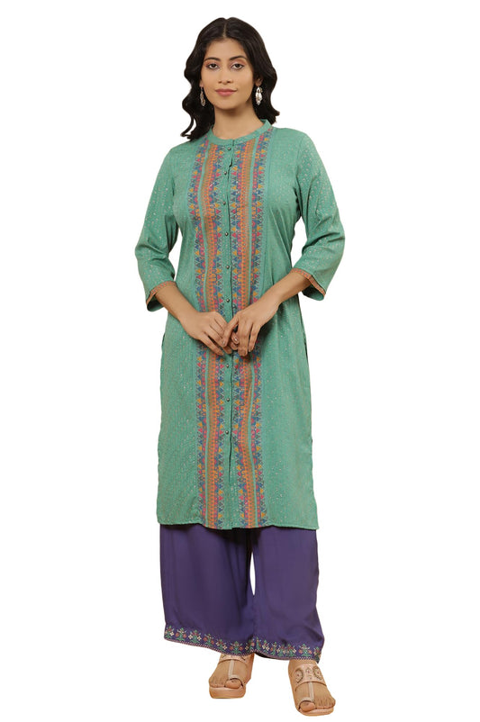 W for Woman W Women Green Festive Geometric Print American Crepe Kurta Set With Parallel Pant