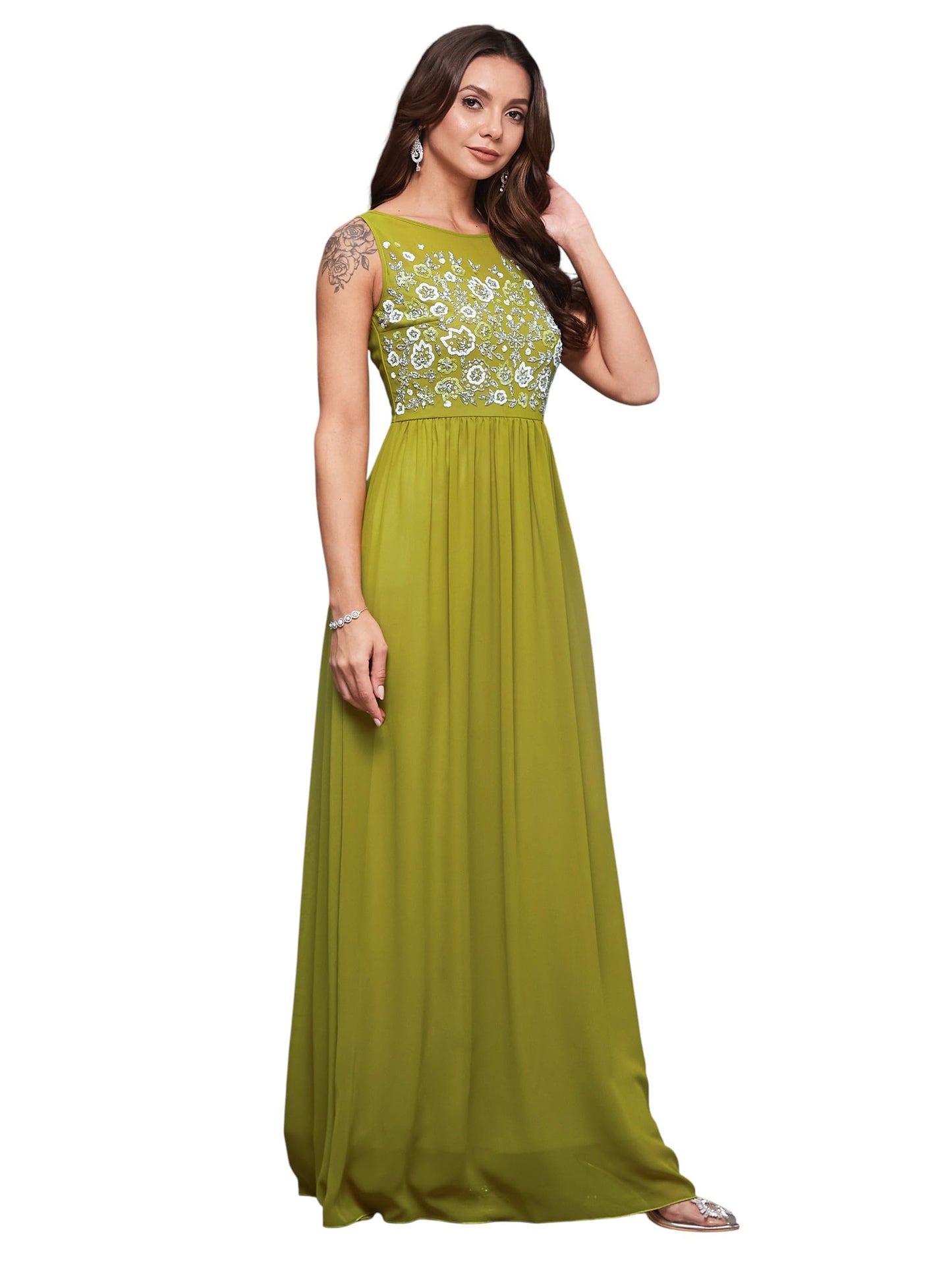 Miss Chase WomenS Boat Neck Sleeveless Embroidegeorgette Gathemaxi Dress (Mcaw25D88-99-Tuc-07, Snakefruit Green, 2Xl)