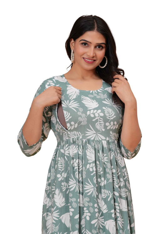 Jikonet WomenS Maternity Feeding Kurti Printed Pregnancy & Nursing Dress Comfortable Breastfeeding Womens Kurta (Laurel Green,