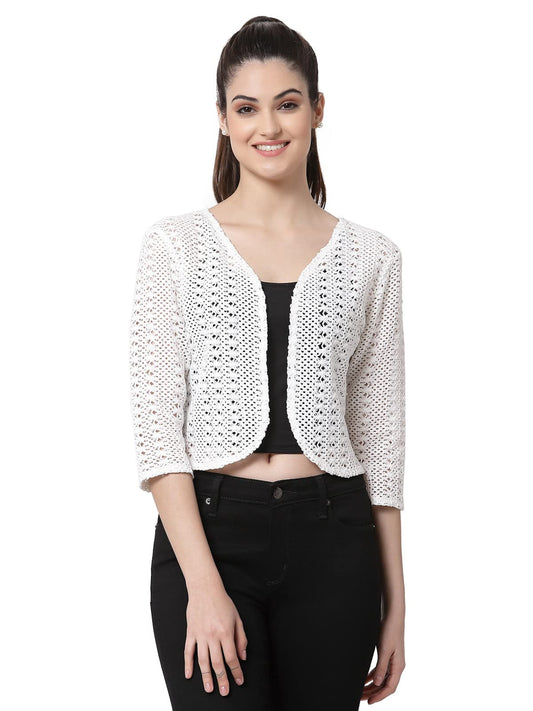 Style Quotient Women White Cotton self Design lace Crop Open Front Shrug
