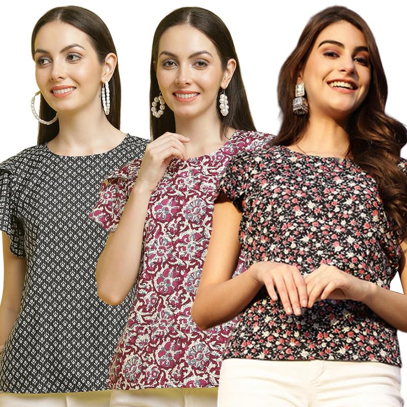 Pinkmint Womens Printed Combo Tops ll Regular Fit Ruffle Trim Petal Sleeve ll Fancy Girls Top (Pack of 3)