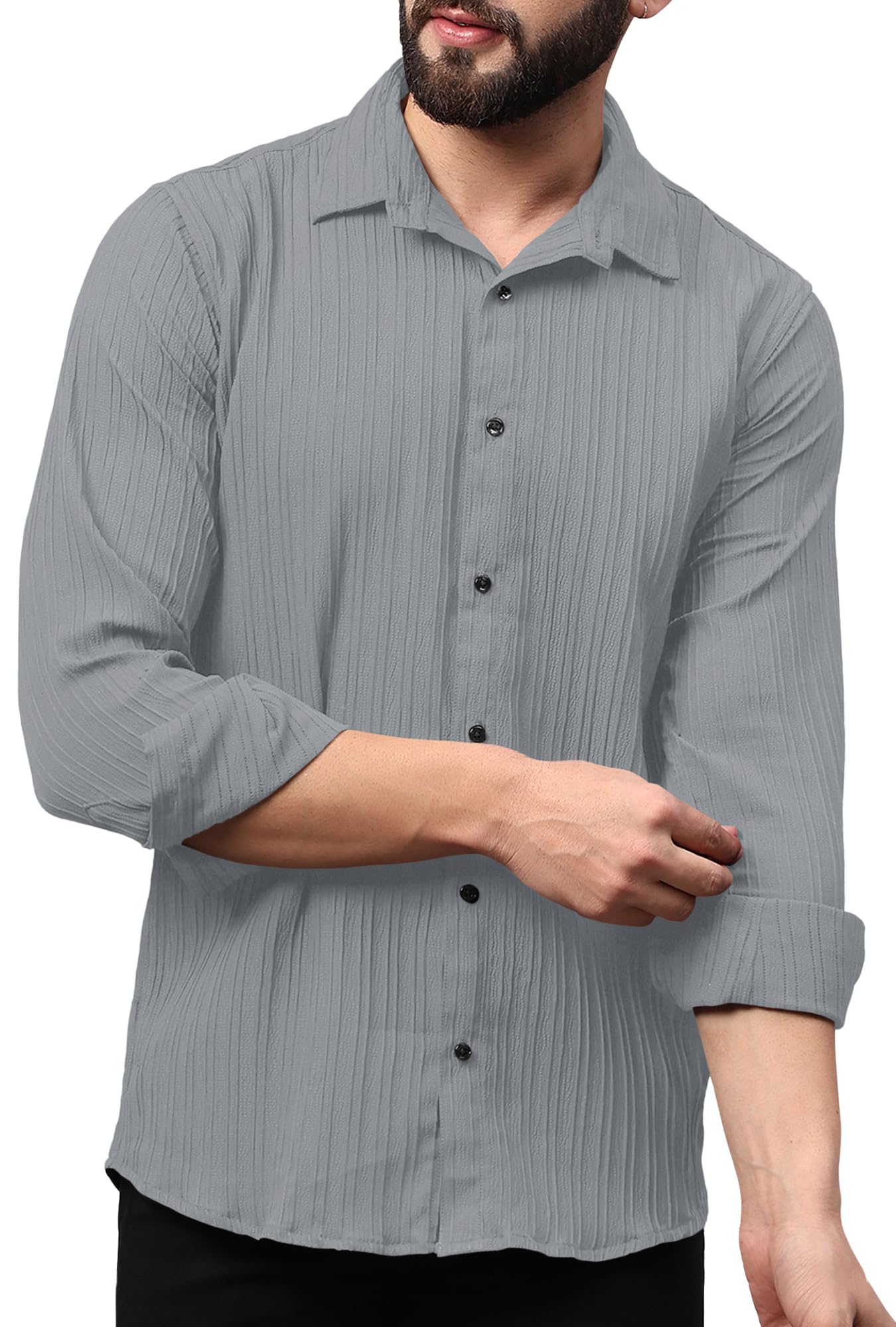 Finivo Fashion MenS Casual Button Down Shirts Long Sleeve Linen Shirt Fashion Textured Beach Summer Shirts Grey