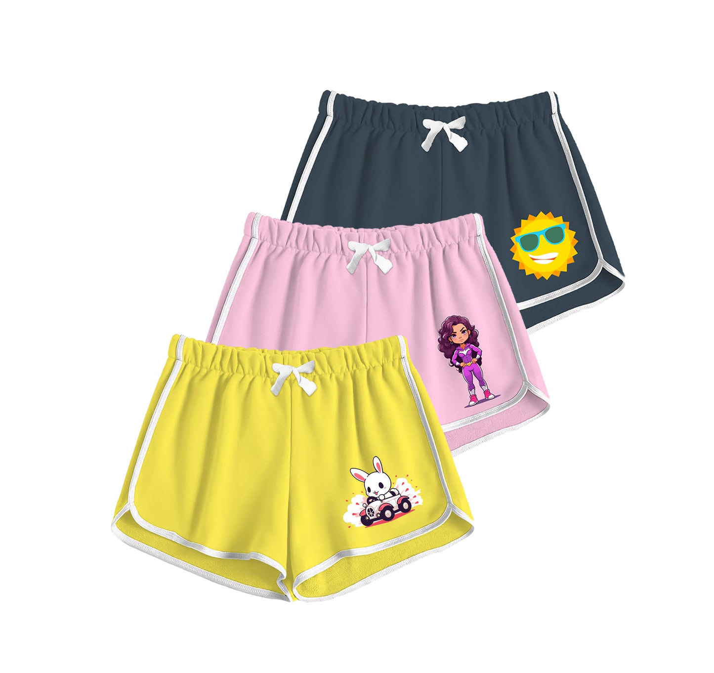 Kyda Kids Girls 100% Cotton Printed Regular Fit Shorts - Multicolor (Pack Of 3)