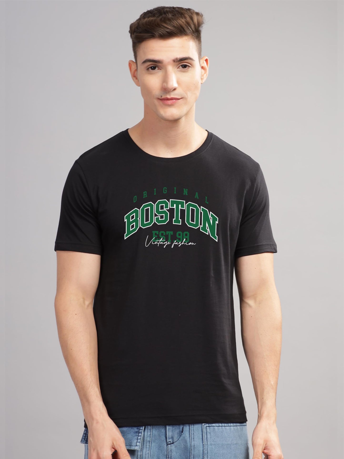 ADRO Mens Printed T Shirt - Premium Cotton Graphic Printed Tshirt - Black T-Shirt - RN24-BOST-BL