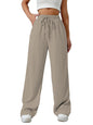 Sugathari Womens Beige Loose Wide-Leg Pants with Textured Wrinkled Fabric and Drawstring Waist Long Trousers (Trouser 157 Beige