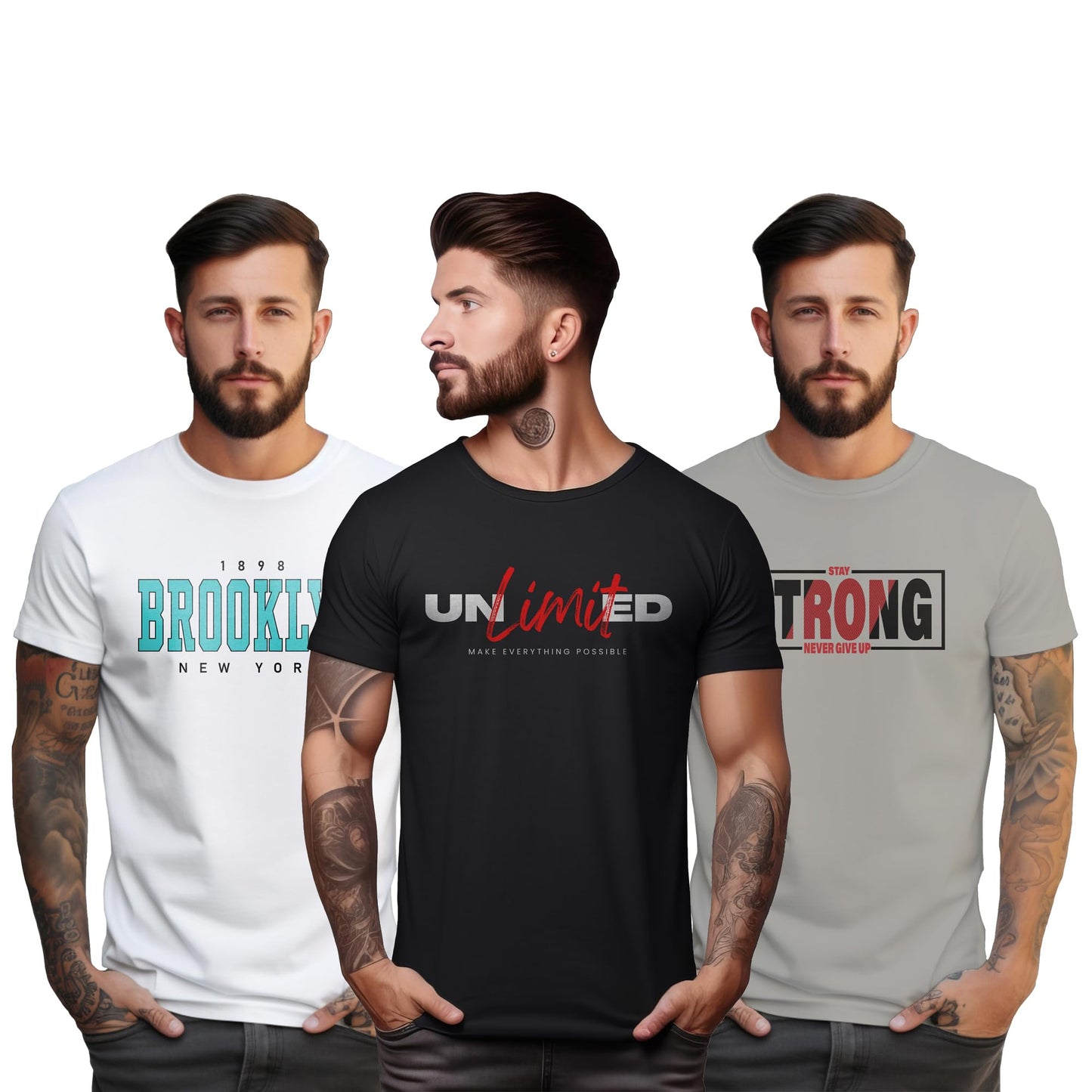 Peppyzone S to 5XL Stylish Printed Cotton Round Neck Tshirt for Men - 100% Cotton, Half Sleeve, Combo Pack of 3 T Shirts for Men