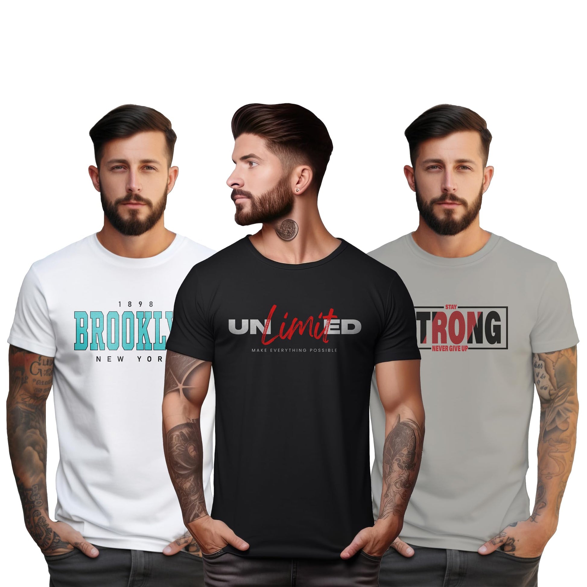 Peppyzone S to 5XL Stylish Printed Cotton Round Neck Tshirt for Men - 100% Cotton, Half Sleeve, Combo Pack of 3 T Shirts for Men