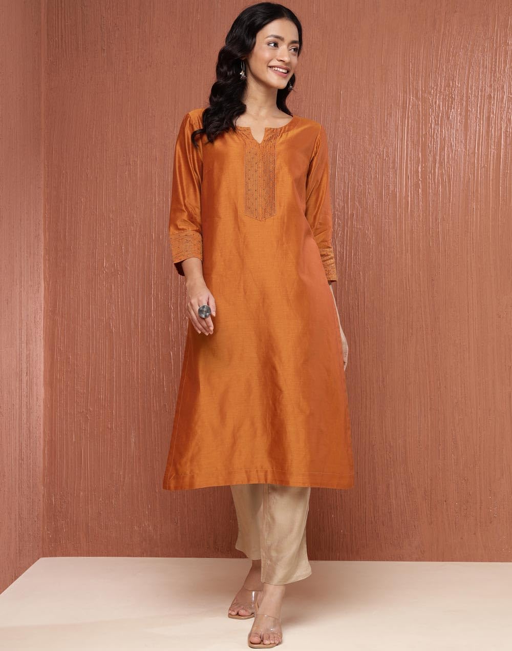 Fabindia WomenS Cotton Silk Embroidered Regular Fit Kurta (1039080Rust_Rust