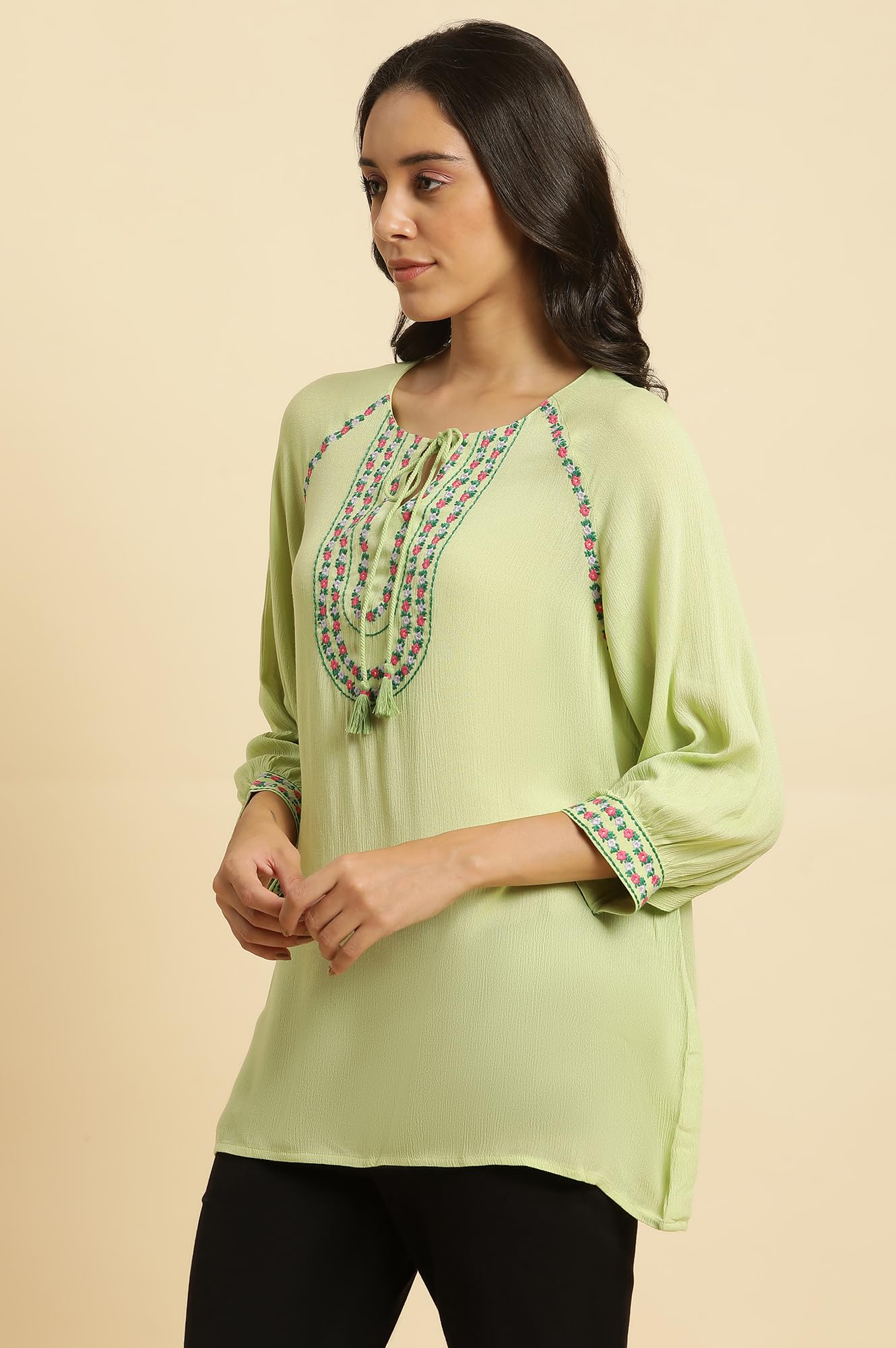 W For Woman Green Embroidered Tunic Top With Thread W For Womanork