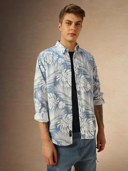 Dennis Lingo Men Blue Printed Cotton Regular Fit Full Sleeve Button Down Collar Casual Shirt