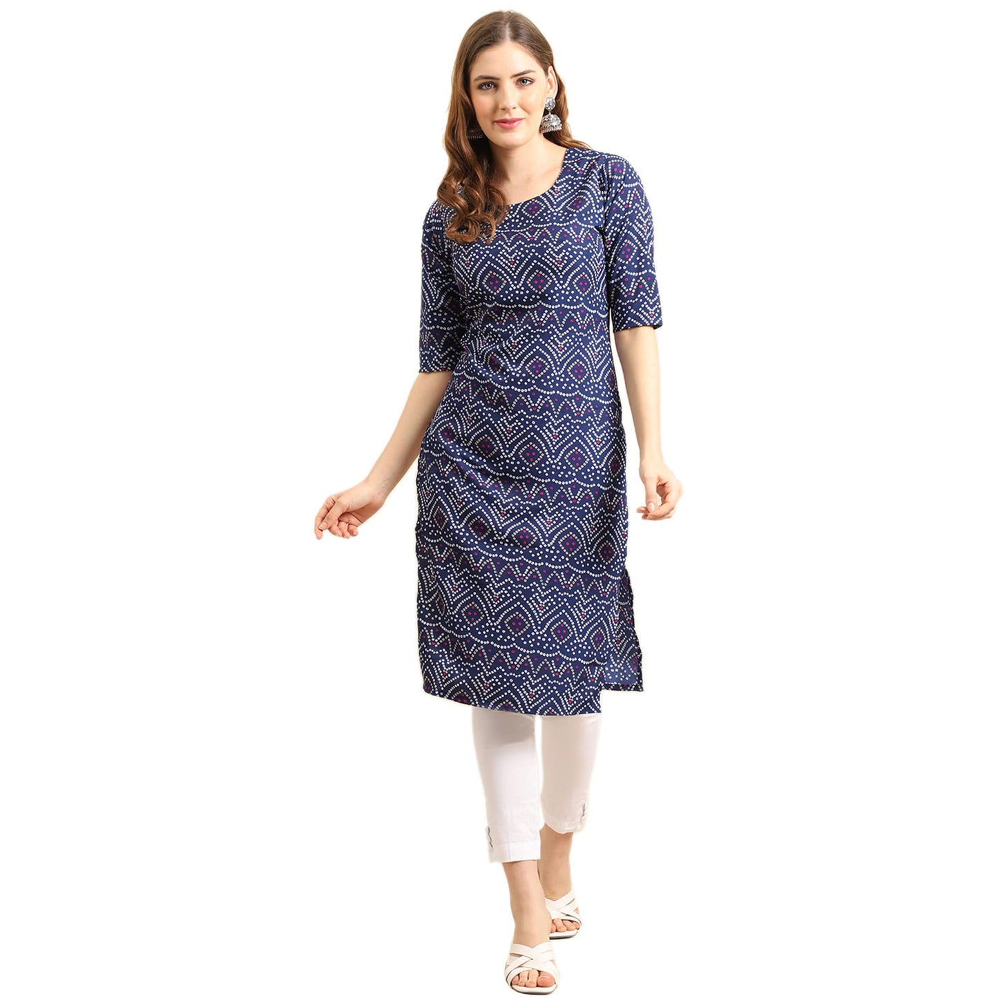 Pinkmint Women's Crepe Blue Color Bandhani Printed Straight Kurti (530375-S)