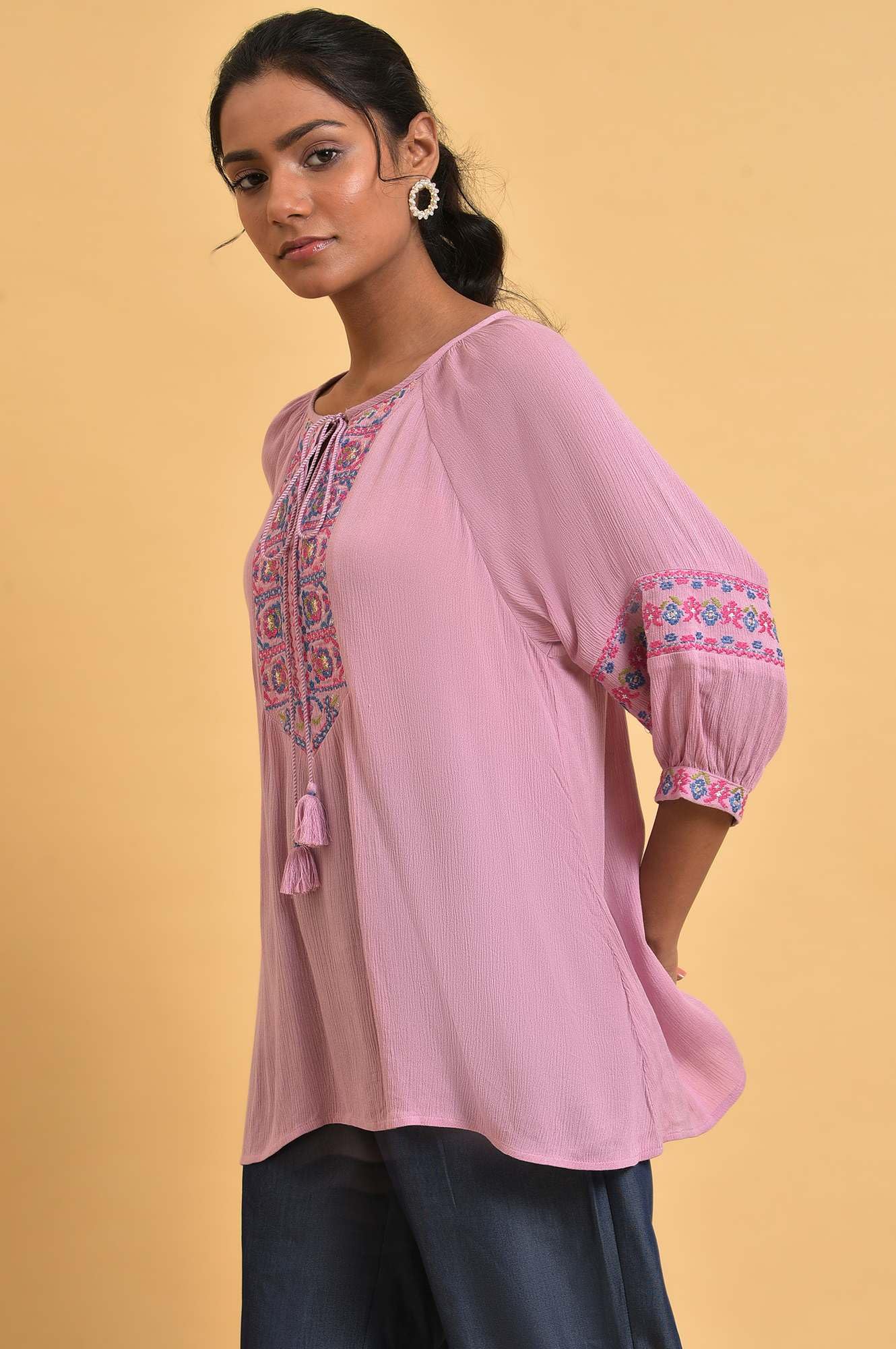 W Pink Embroidered Tunic Top For Women
