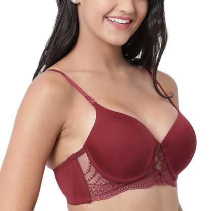 Enamor F040 Long Line Lift T-Shirt Bra - Padded Wired Medium Coverage - Crimson Red