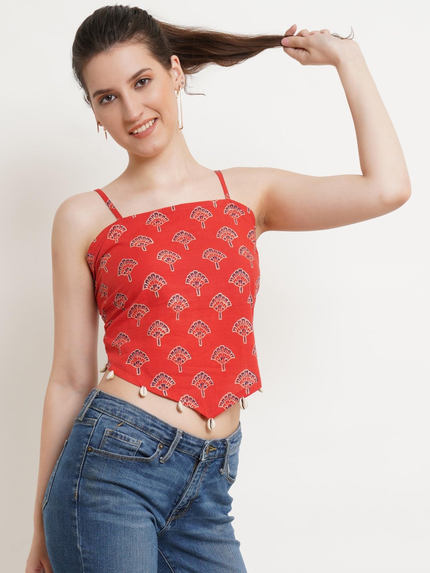 POPWINGS Casual Hankie Cotton Sustainable Bagru Print Crop Top for Women || Square Neck Crop Top for Women || Sleeveless Crop To