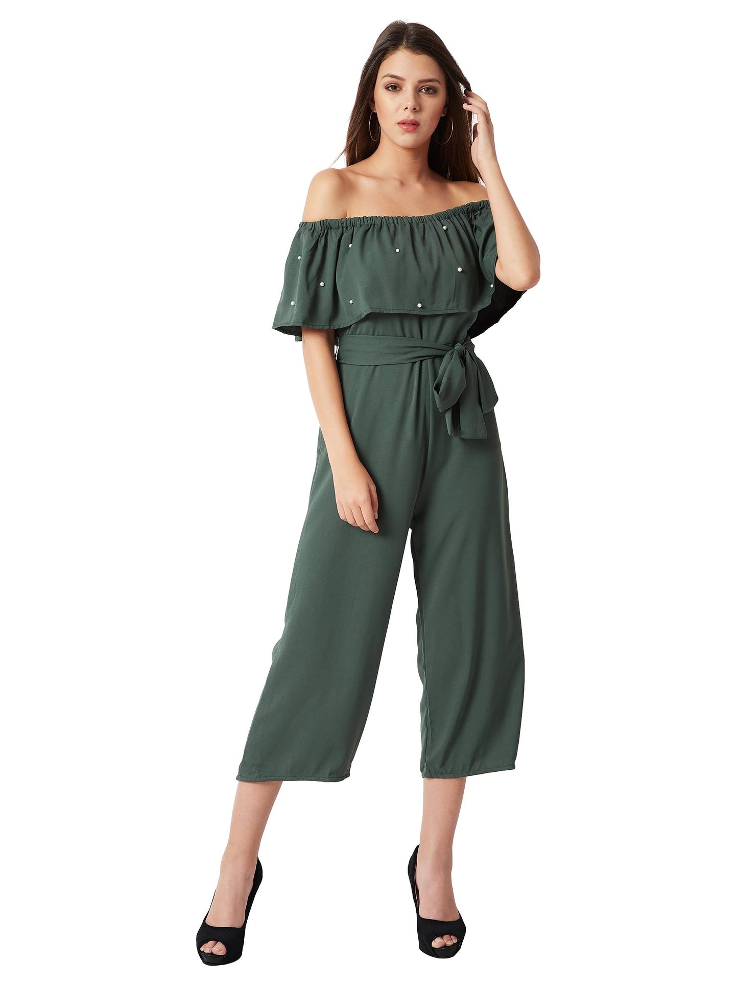 Miss Chase WomenS Crepe Off-Shoulder Jumpsuit(Mcss18D10-76-48-06,Green,X-Large)