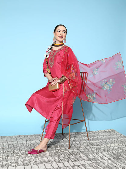 ishin Women's Pink Yoke Design A-Line Kurta with Toruser & Dupatta