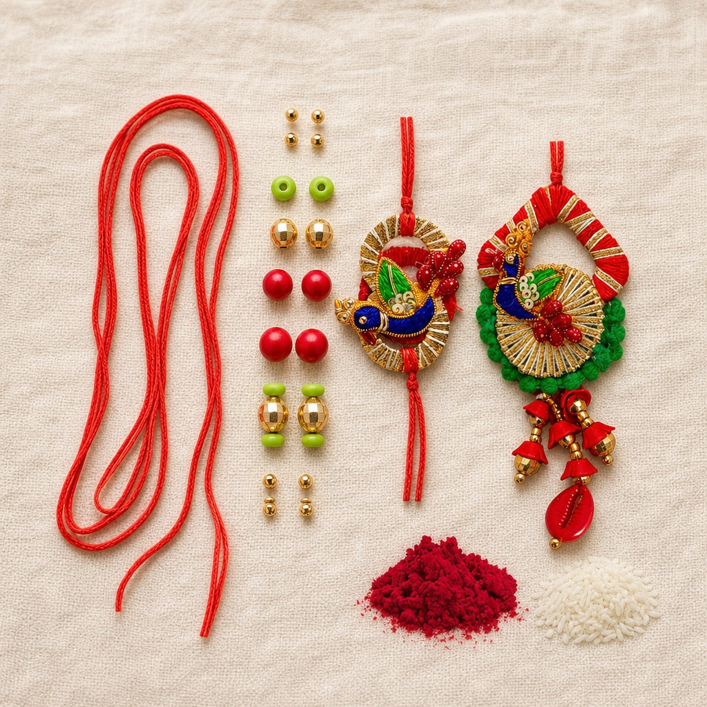 Premium Designer Red Cloth Peacock Design Rakhi Set of 2 for Bhaiya Bhabhi – Traditional Lumba Set, Thread Rakhi with Stones – Ideal Raksha Bandhan Gift