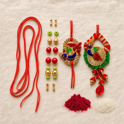 Premium Designer Red Cloth Peacock Design Rakhi Set of 2 for Bhaiya Bhabhi – Traditional Lumba Set, Thread Rakhi with Stones – Ideal Raksha Bandhan Gift