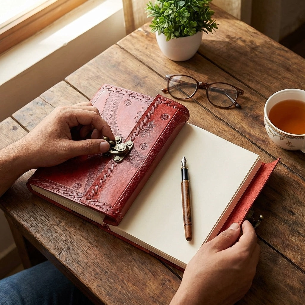 Handmade Leather Travel Journal with Lock-Unlined, 100 Sheets/200 Pages, 7x5 Inches