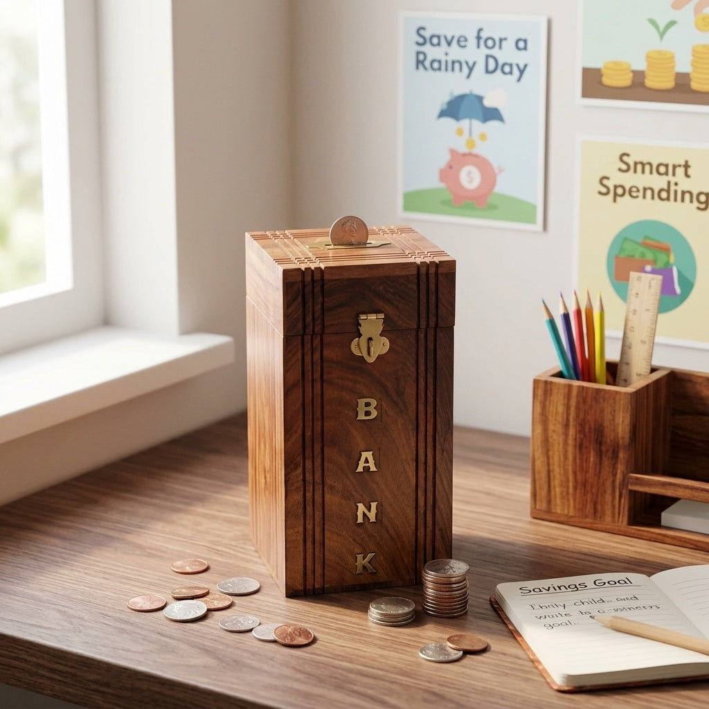 STORE INDYA Handmade Wooden Piggy Bank for Kids, Boys, Girls & Adults - Decorative Coin Money Bank Savings Box - Perfect Gift for Children