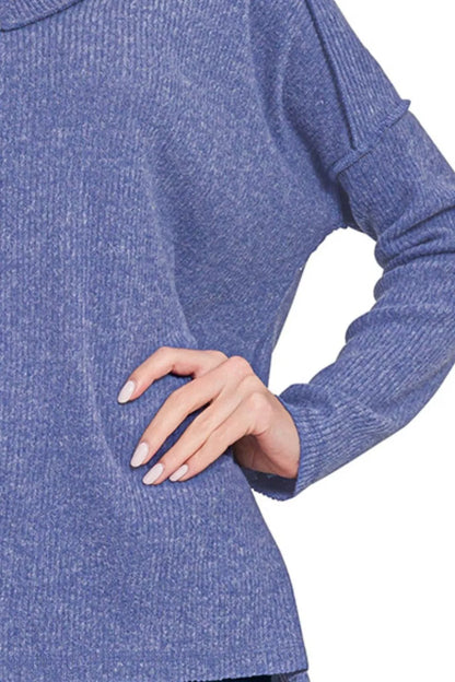 Zenana Full Size Brushed Ribbed Hacci Drop Shoulder V-Neck Sweater Plus Size