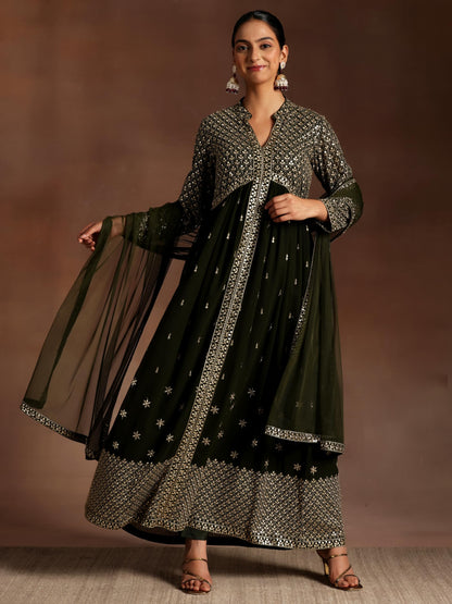 Libas Womens Embroidered Georgette A-Line Kurta With Trousers And Dupatta