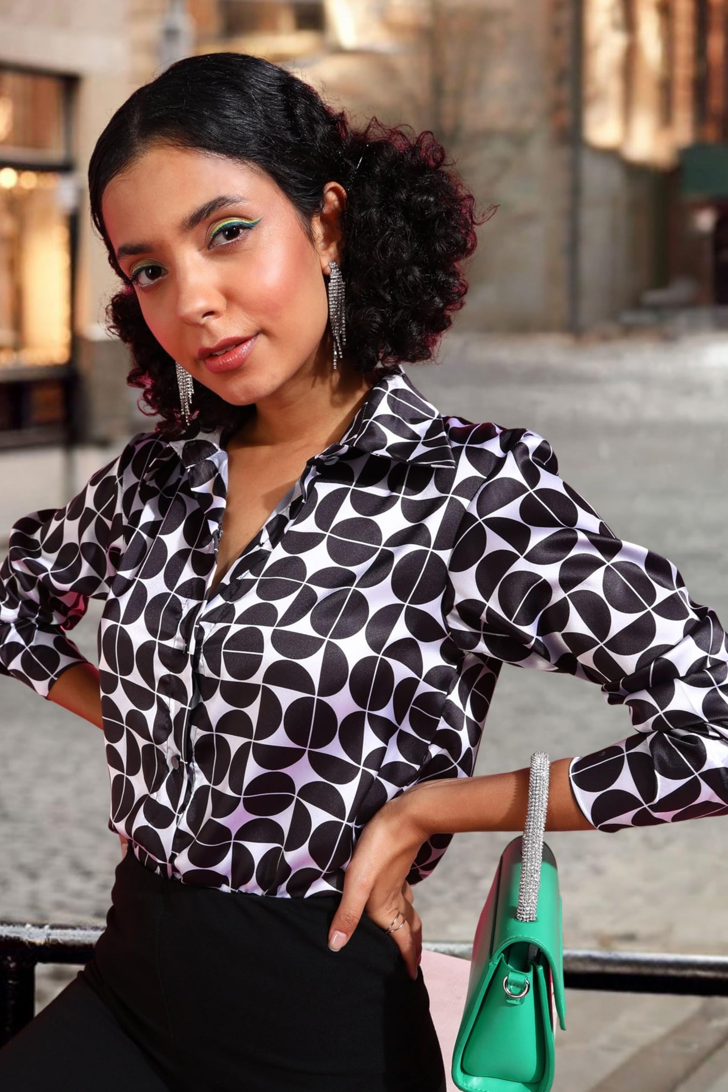 POPWINGS Printed Full-Sleeves Regular-Fit Satin Printed Shirt for Women Stylish Western Casual Wear