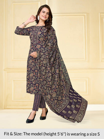 rangita Navy Blue Cotton Printed Straight Kurta with Pant and Dupatta | Kurta Set for Women