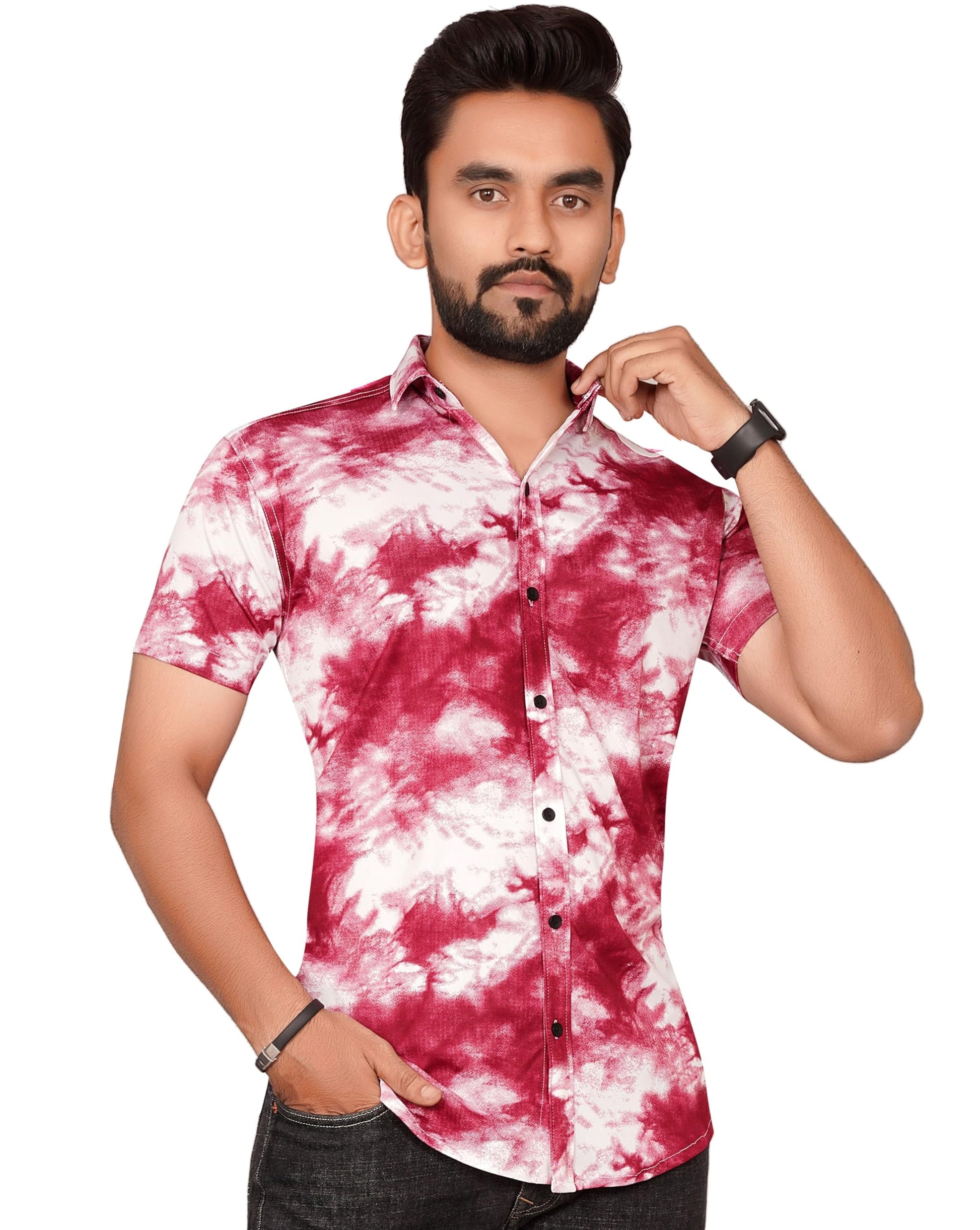 Besix MenS Lycra Blend Dyed Printed Shirt With Mandarin Collared Full Sleeve Button Closure Curved Hem Straight | Hs_501_Maroon