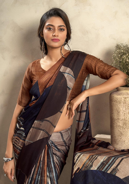 Pujia Mills Woman Digital Print Satin Silk Sadi Indian Ethnic Wear Printed Saree With Unstitch Blouse Regular Print Sadi Simple