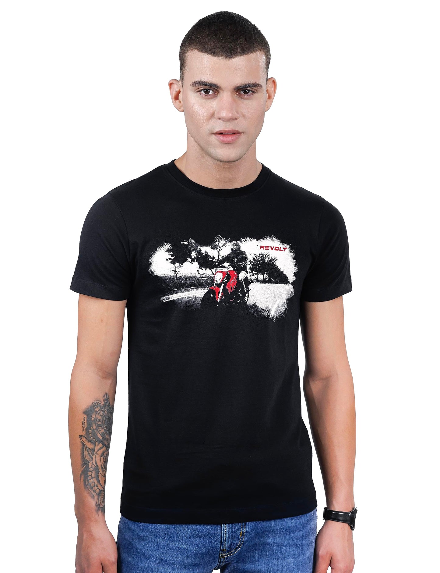 REVOLT Solid Slim Fit Men's Casual Round Neck 100% Cotton T-Shirt-Photographic Print (Jet Black, XL) (REVSS23-GRA-001