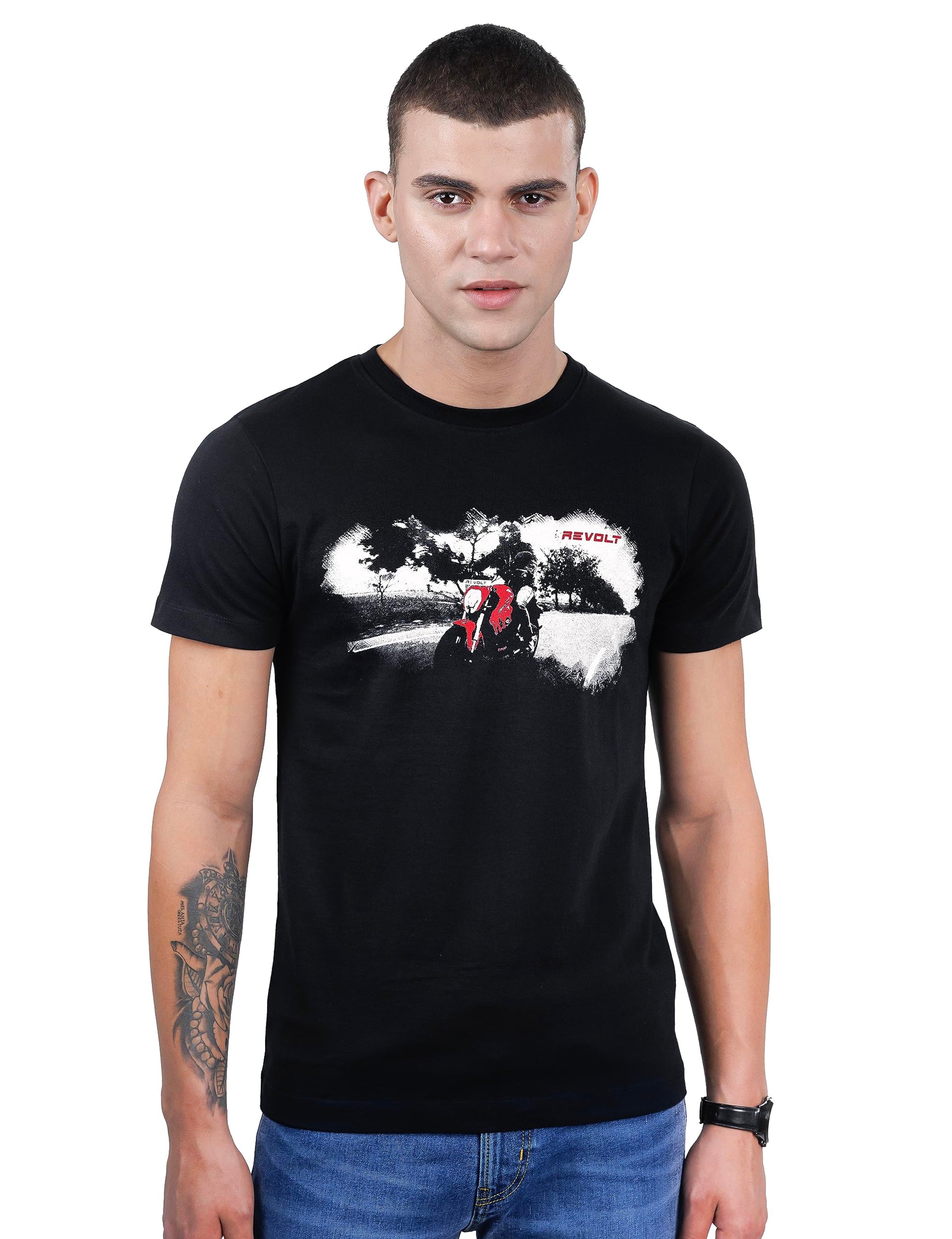 REVOLT Solid Slim Fit Men's Casual Round Neck 100% Cotton T-Shirt-Photographic Print (Jet Black, XL) (REVSS23-GRA-001