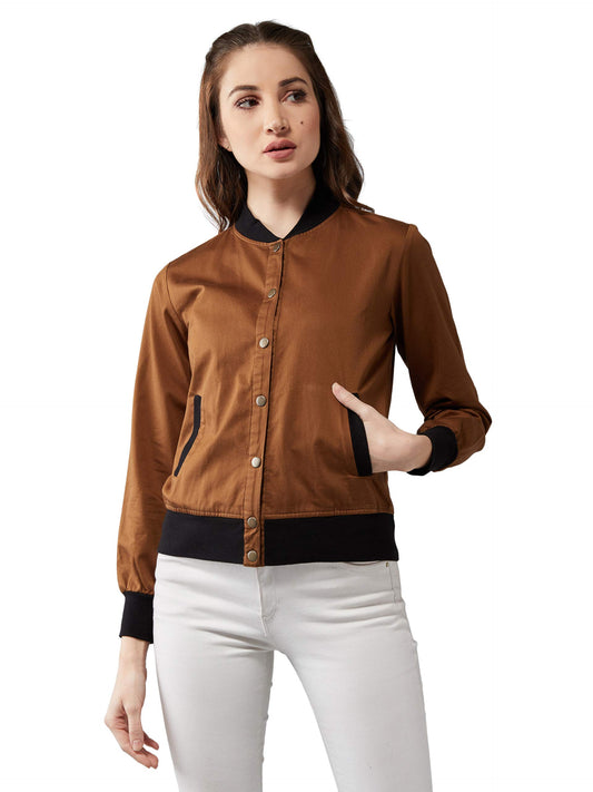 Dolce Crudo Womens Brown Stand Collar Full Sleeves Solid Regular Length Bomber Jacket( DOAW19JKT03-13-59-05_Brown_L)