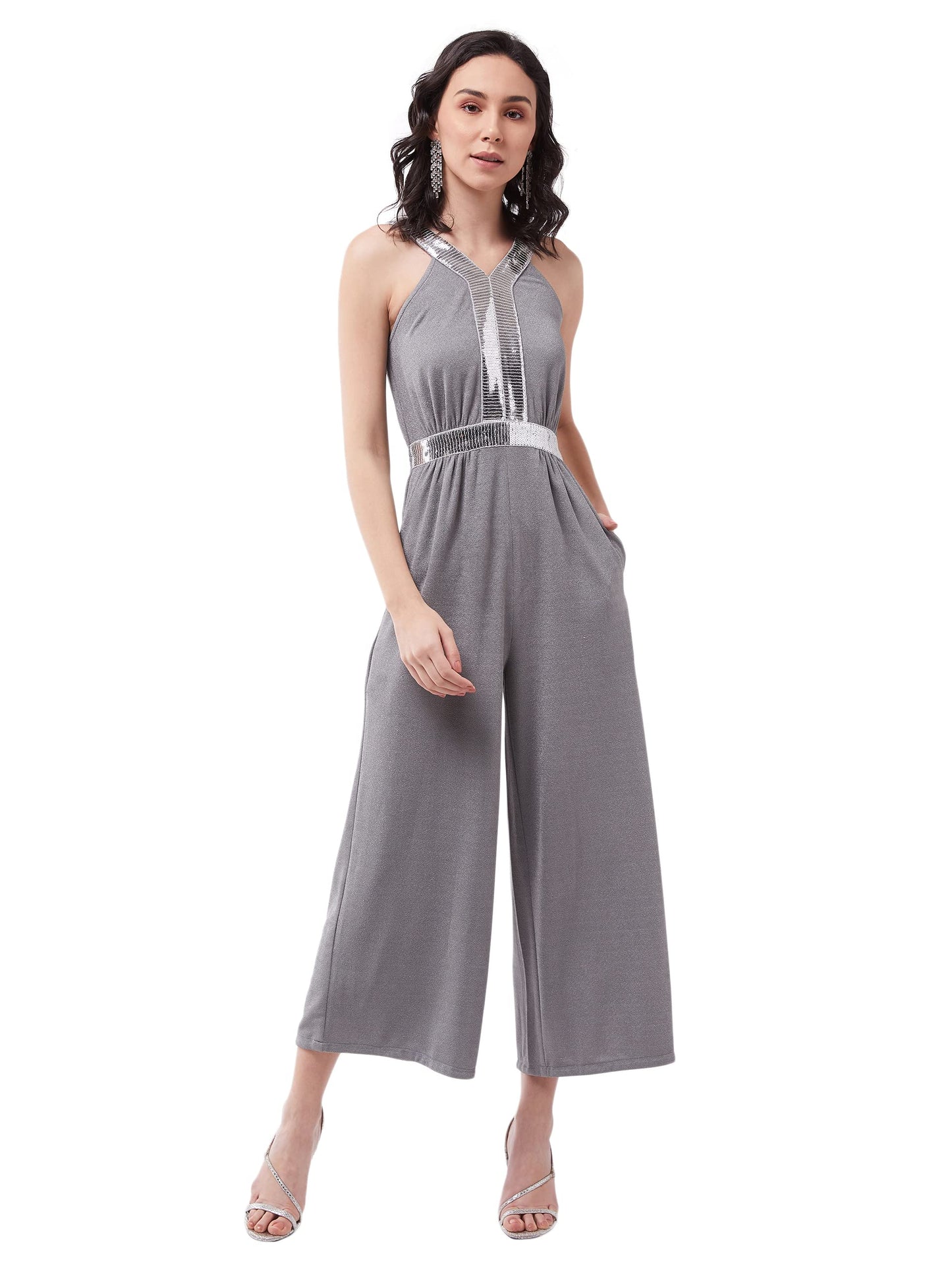Miss Chase Womens Gray Solid Relaxed Fit V-Neck Sleeveless Regular Length Elasticated Jumpsuit (MCSS21D04-80-202-06,Silver Gray