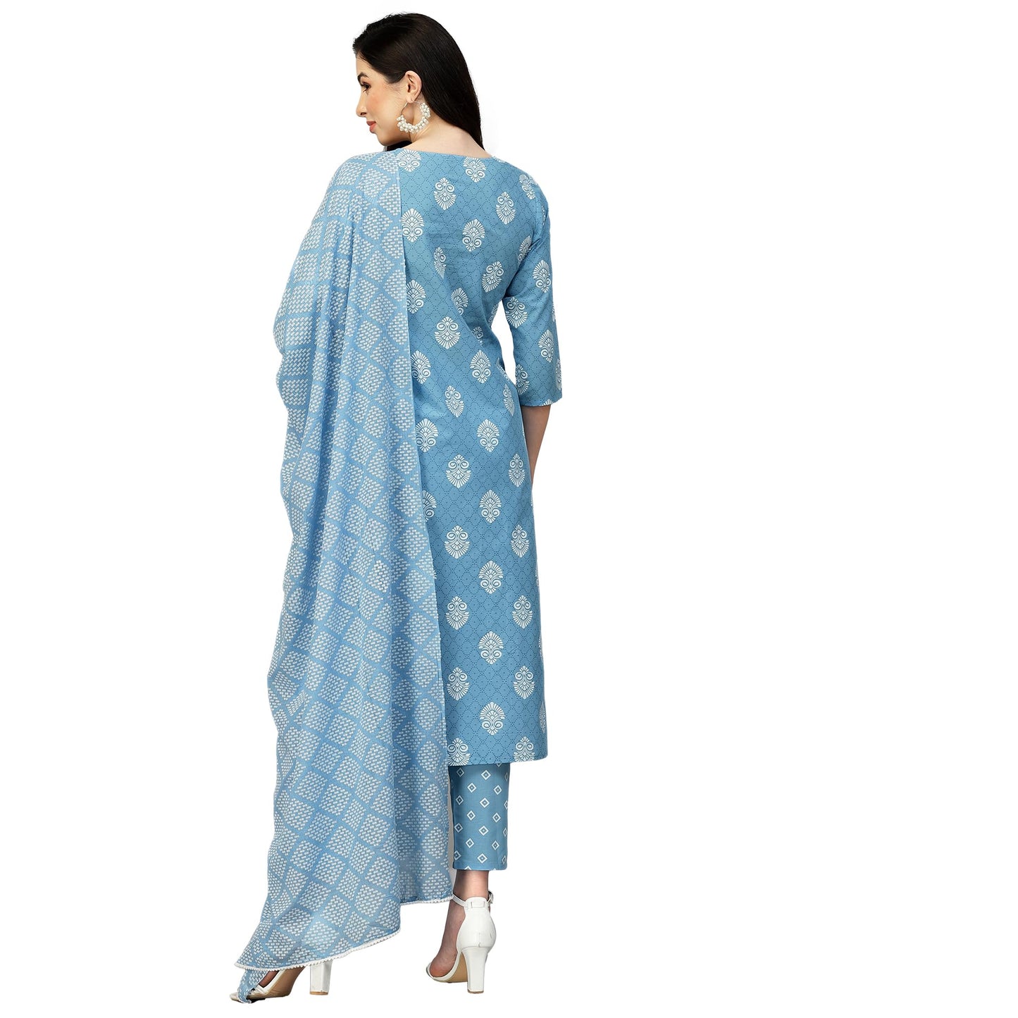 Stylum Women's Printed Rayon Straight Kurta Pant Dupatta Set (Blue)