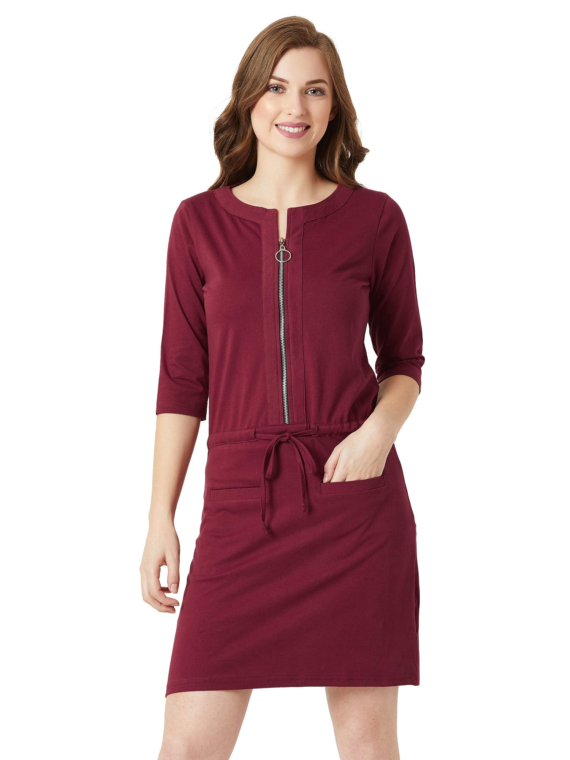Miss Chase WomenS Cotton Mini Shift Dress(Mcaw18D11-89-143-03,Maroon,Small)