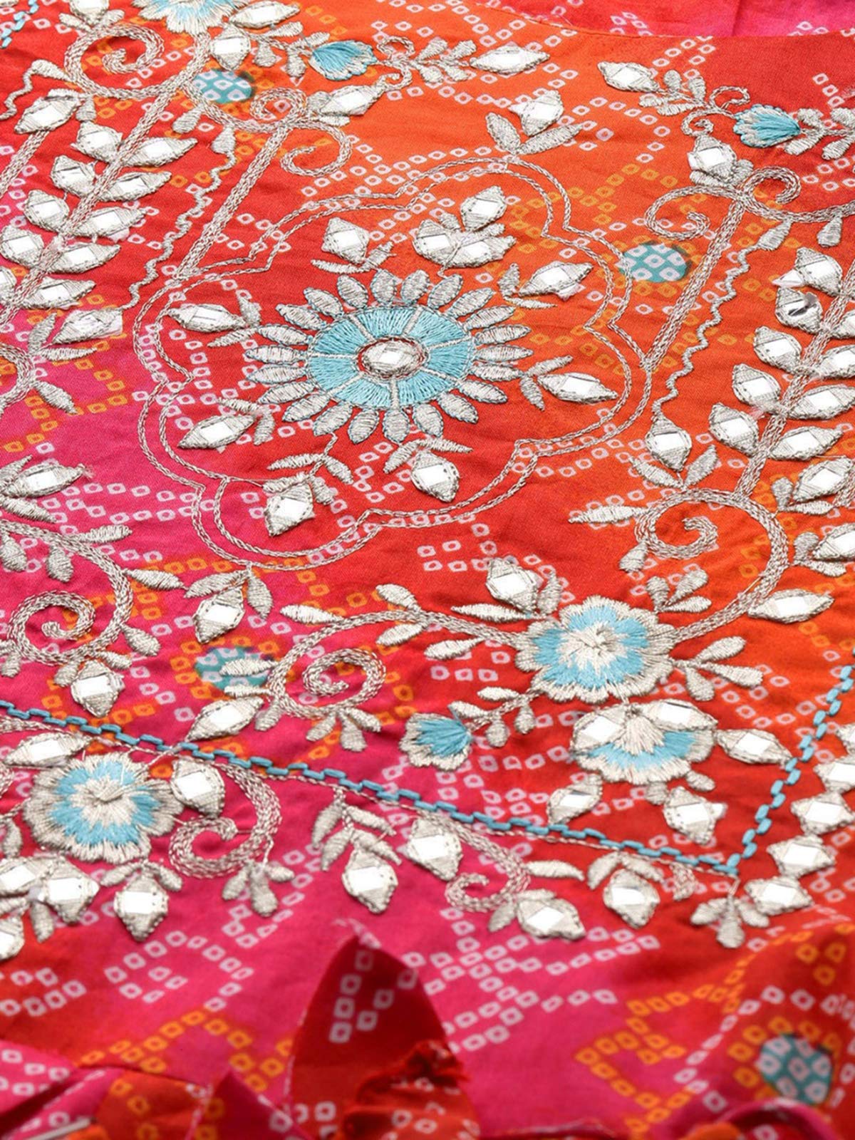 Ishin Women'S Rayon Red & Orange Bandhani Zari Embellished Anarkali Kurta