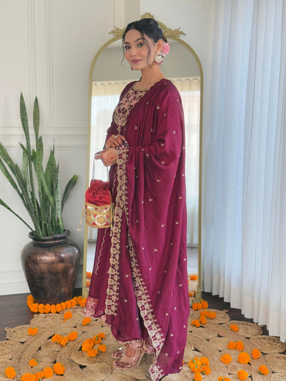 Naixa WomenS Wine Vichitra Silk Embroidered A-Line Kurta With Rayon Pant And Vichitra Silk Embroidered Dupatta Sets (Nx-656-Win