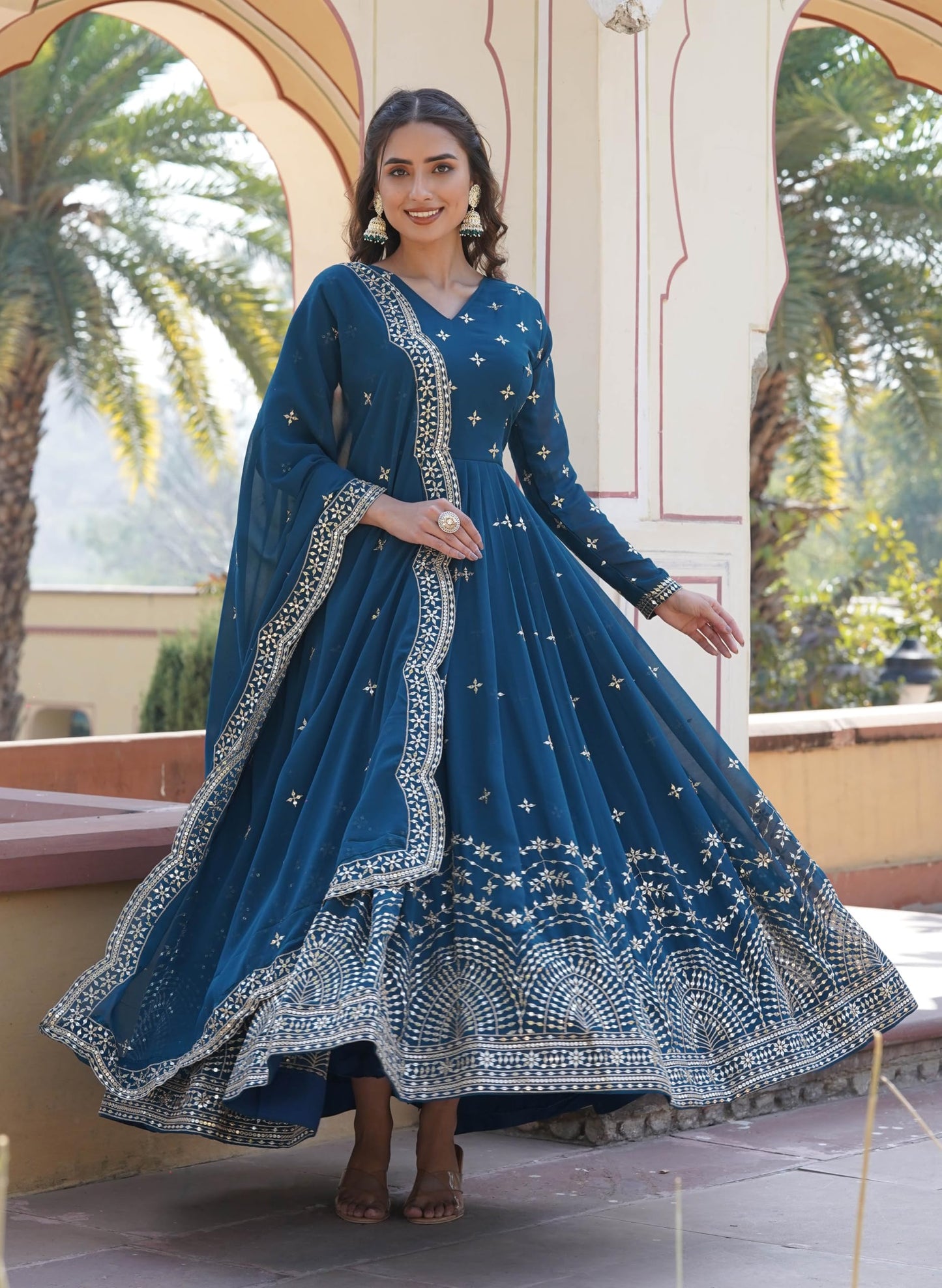 Fashion Basket Turquoise Georgette With Sequins Embroidery Anarkali Kurta Set For Women