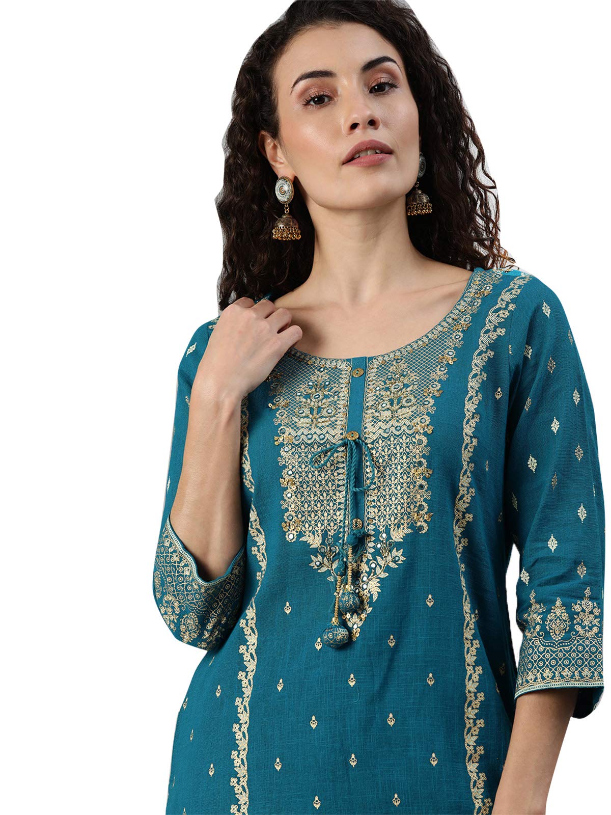 ishin Women's Pure Cotton A-Line Embroidered Sequinned Colourblocked print Blue Kurta suit set with Sharara